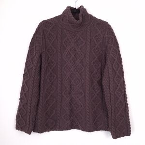 Paul James wool chunky cable knit sweater mock neck turtleneck fisherman brown